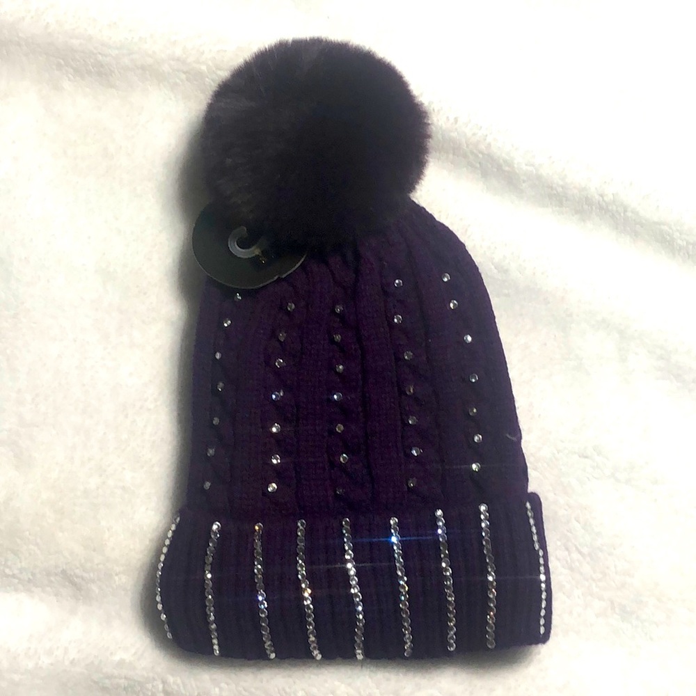 Dark purple rhinestone winter hat faux fur lined